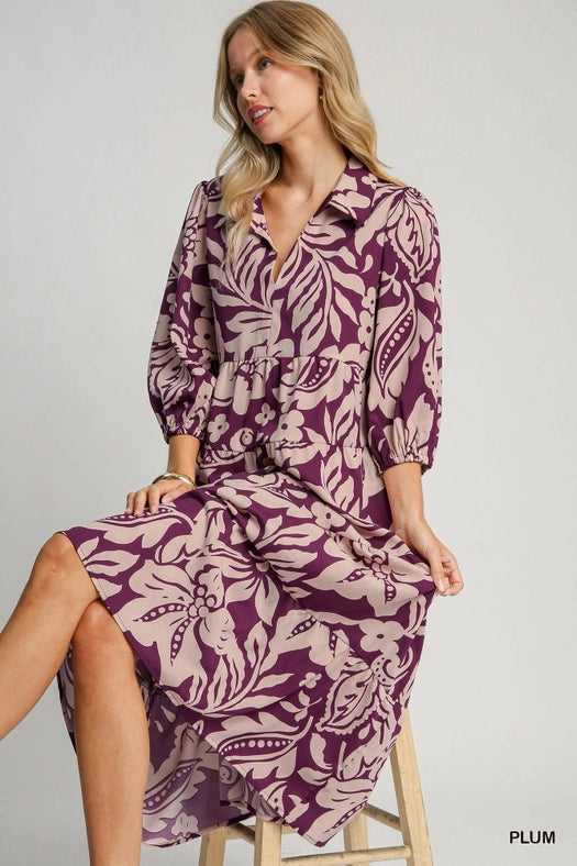 Floral Print Midi Dress PLUM-Dress-Pink Irene Wholesale-S-PLUM-Urbanheer