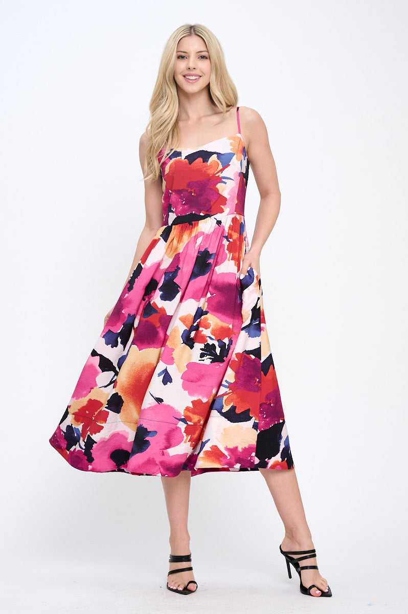 Floral Print Midi Dress with Smock Back Detail and Pockets-Dresses-Reneecollection-Small-PINK/CORAL-Urbanheer