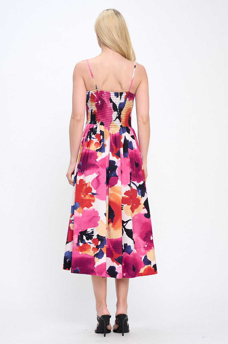 Floral Print Midi Dress with Smock Back Detail and Pockets-Dresses-Reneecollection-Small-PINK/CORAL-Urbanheer