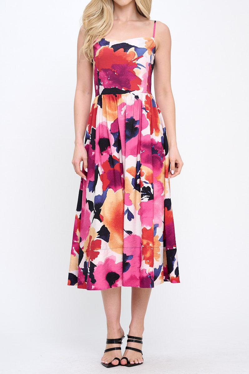 Floral Print Midi Dress with Smock Back Detail and Pockets-Dresses-Reneecollection-Small-PINK/CORAL-Urbanheer