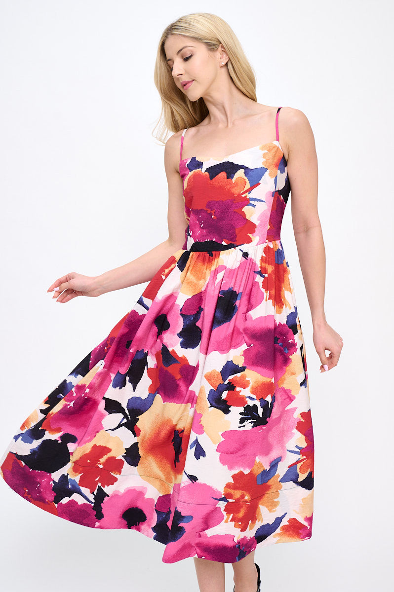 Floral Print Midi Dress with Smock Back Detail and Pockets-Dresses-Reneecollection-Small-PINK/CORAL-Urbanheer