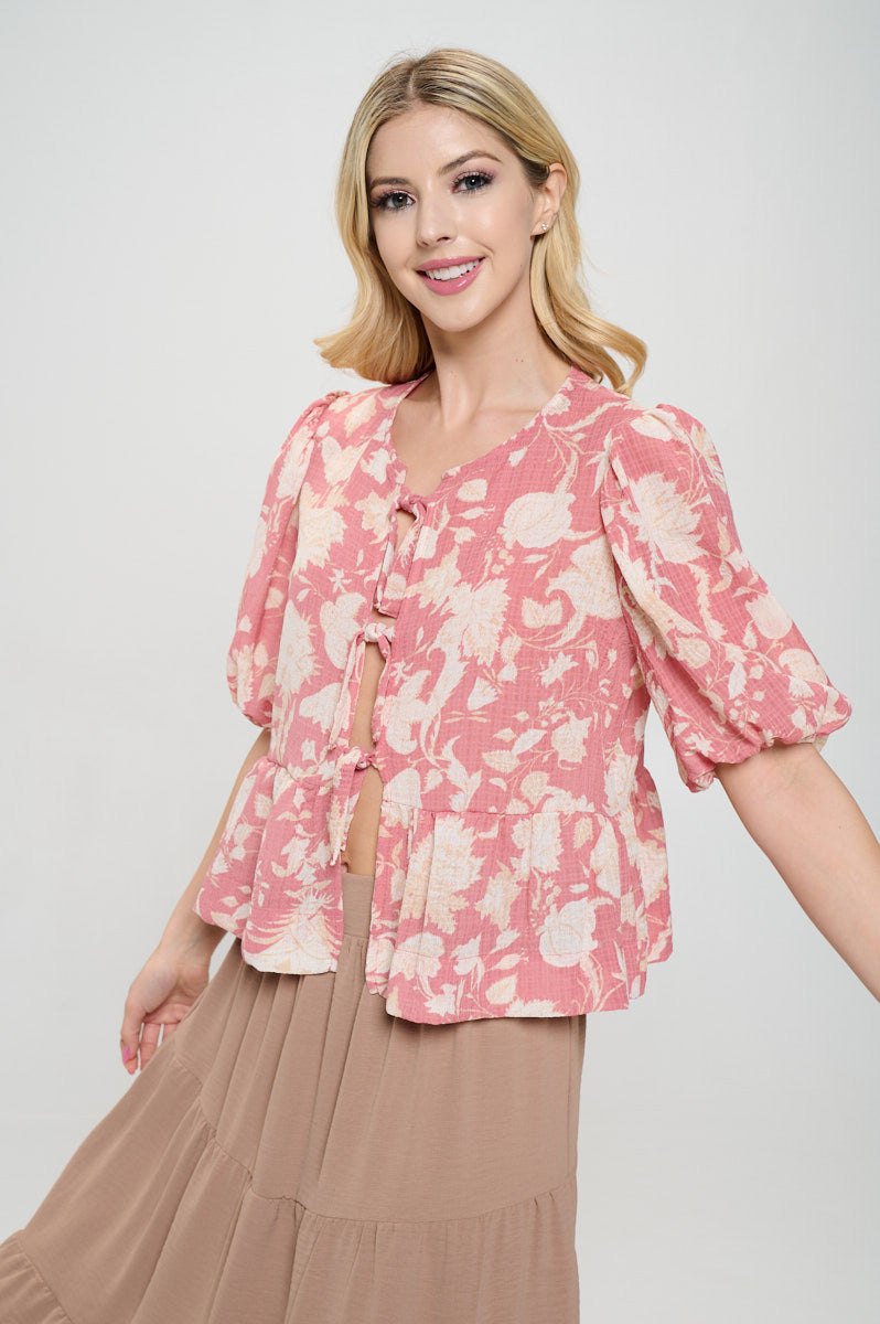 Floral Print Open Front Tie Detail with Puff Sleeve-New Arrival-Reneecollection-Small-PINK-Urbanheer