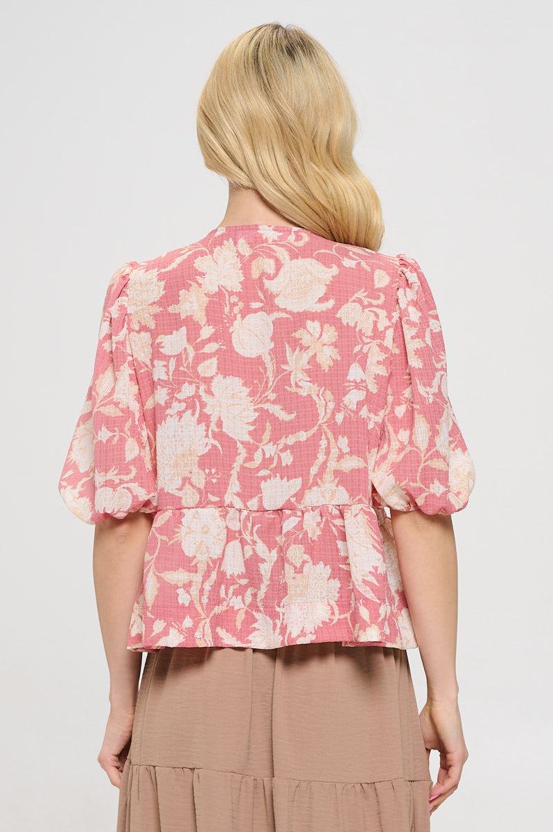 Floral Print Open Front Tie Detail with Puff Sleeve-New Arrival-Reneecollection-Small-PINK-Urbanheer