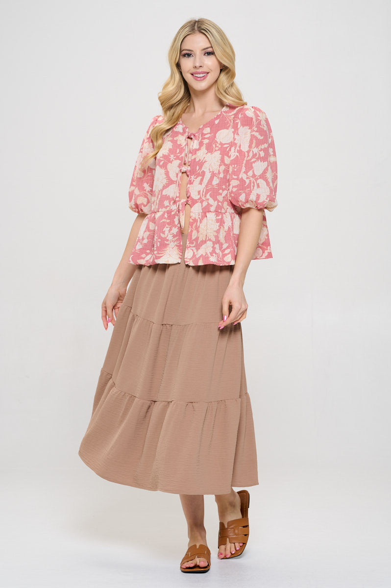 Floral Print Open Front Tie Detail with Puff Sleeve-New Arrival-Reneecollection-Small-PINK-Urbanheer