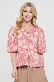 Floral Print Open Front Tie Detail with Puff Sleeve-New Arrival-Reneecollection-Small-PINK-Urbanheer