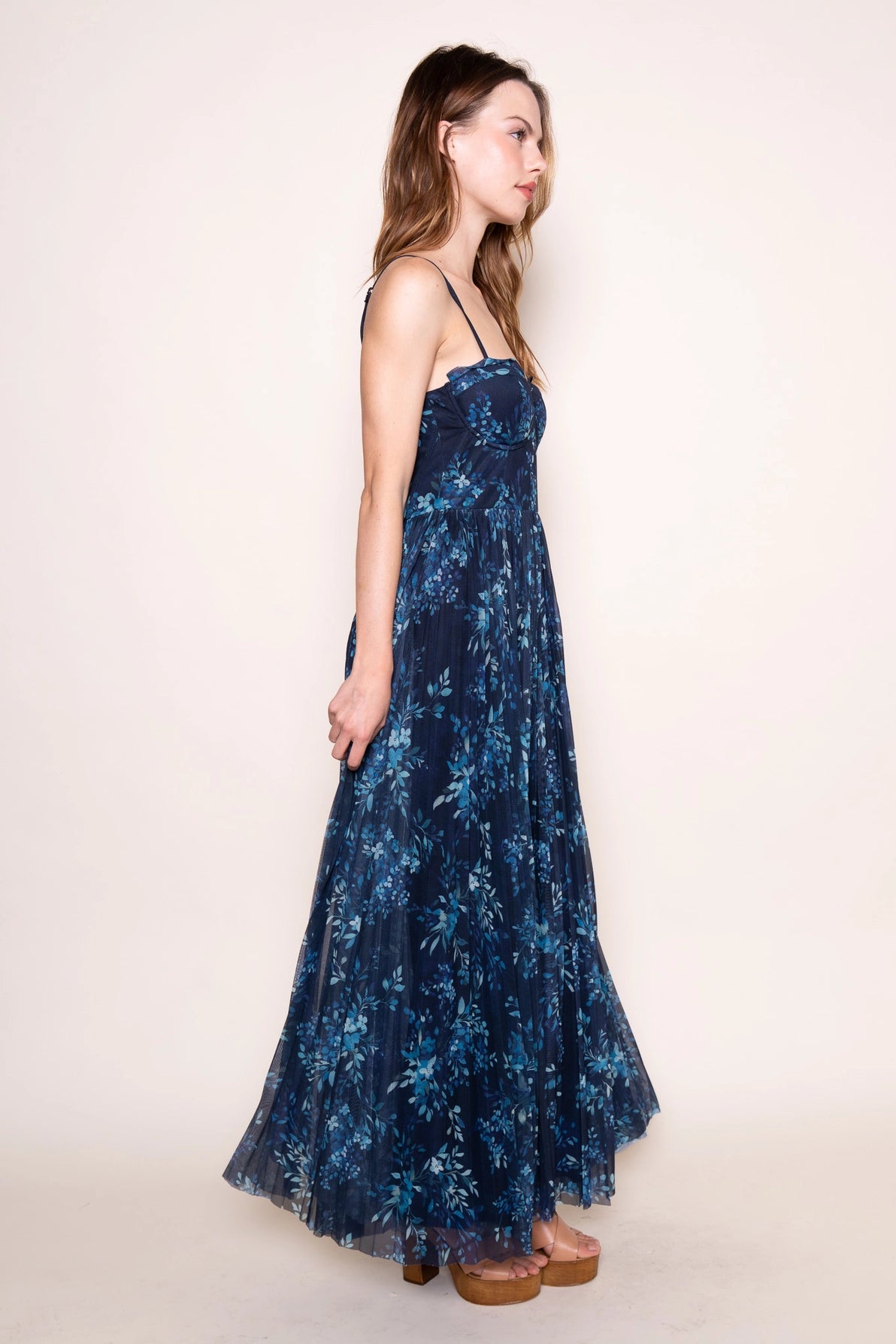 Floral Print Pleated Mesh Maxi Dress