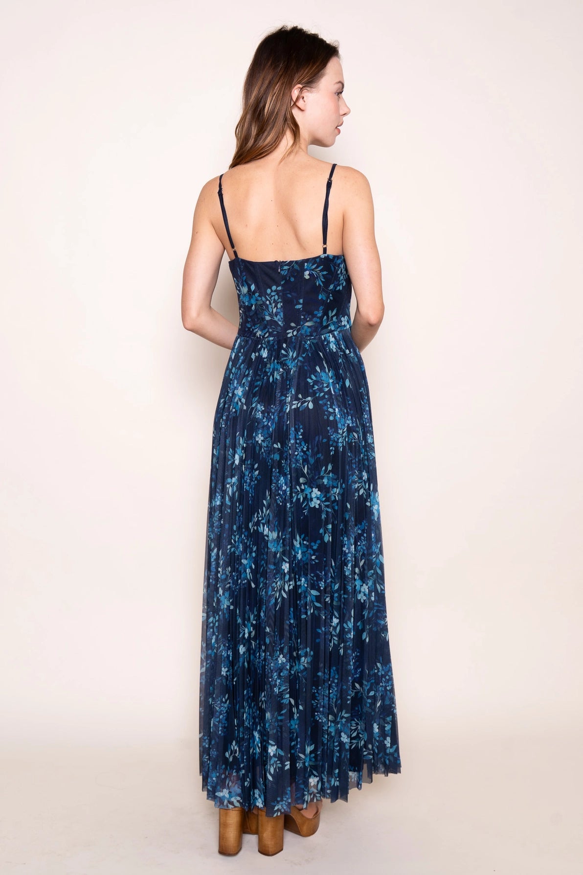 Floral Print Pleated Mesh Maxi Dress