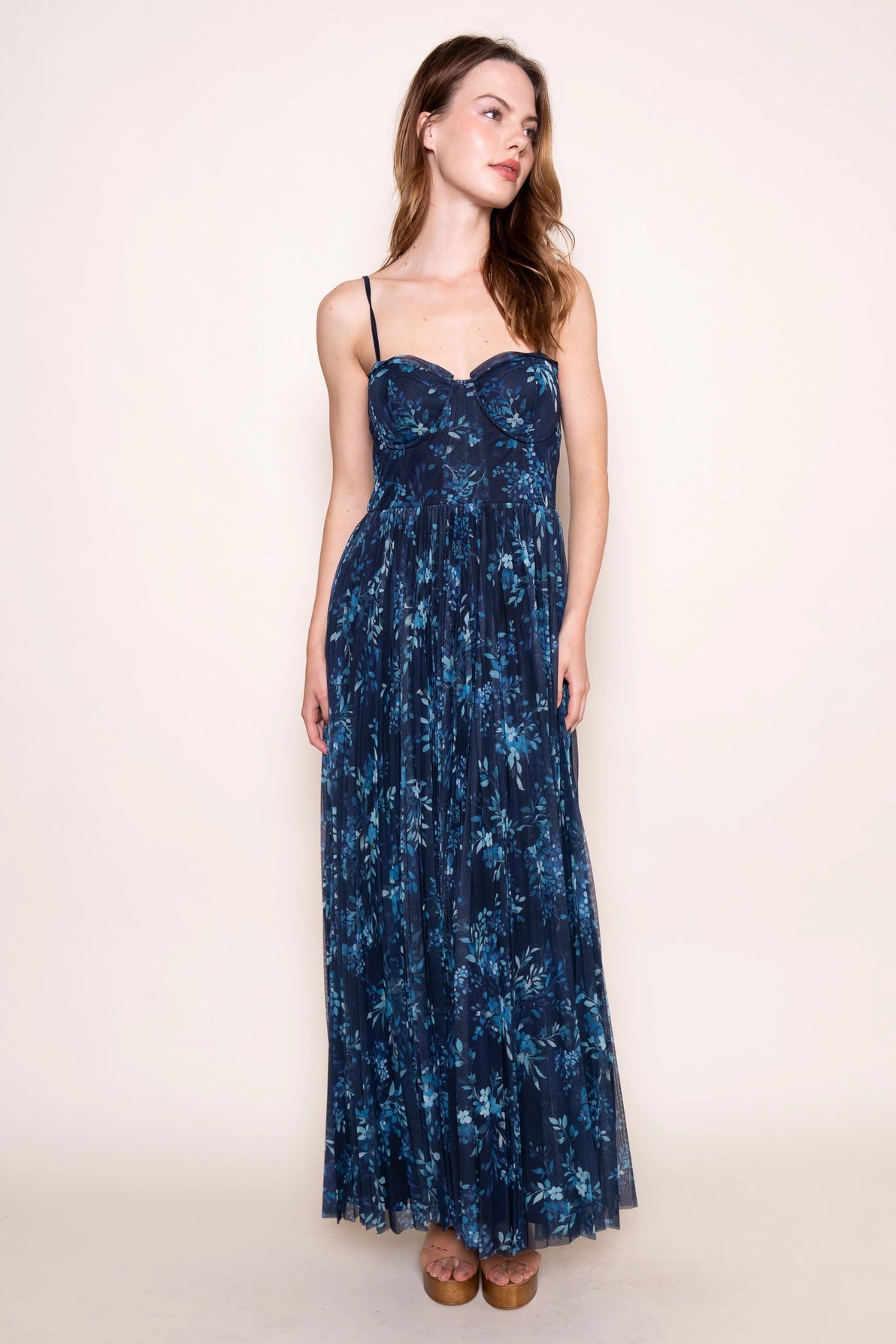 Floral Print Pleated Mesh Maxi Dress