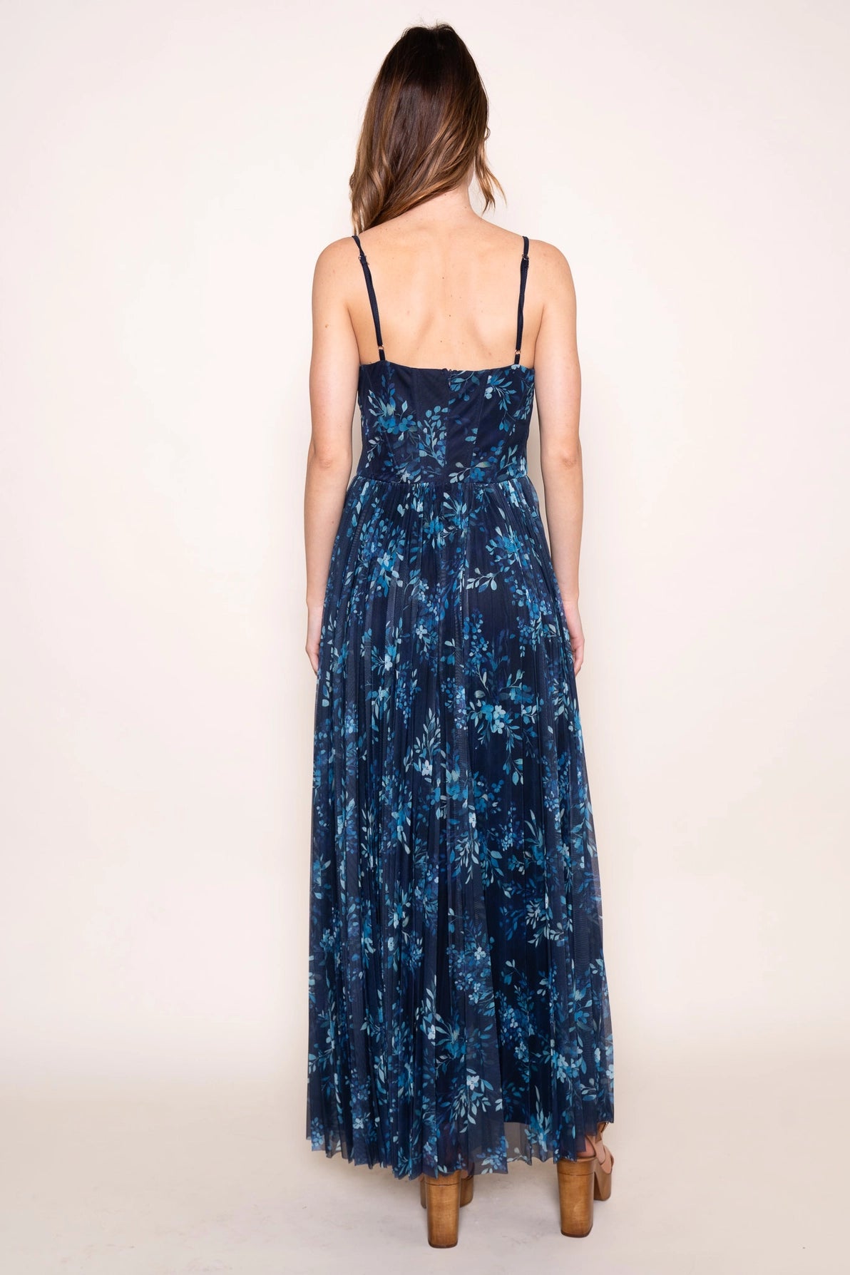 Floral Print Pleated Mesh Maxi Dress