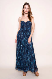 Floral Print Pleated Mesh Maxi Dress