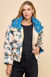 Floral Print Puffer Hooded Jacket-Puffer Jacket-TCEC-S-TAUPE-Urbanheer