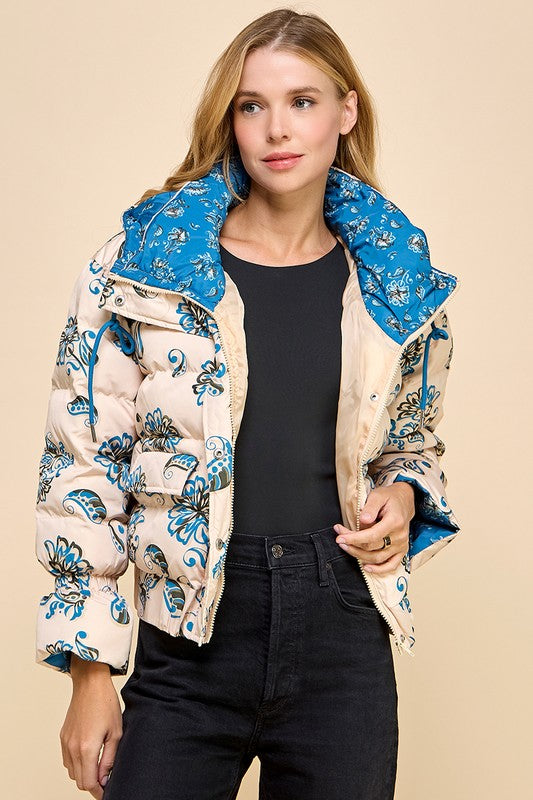 Floral Print Puffer Hooded Jacket-Puffer Jacket-TCEC-S-TAUPE-Urbanheer