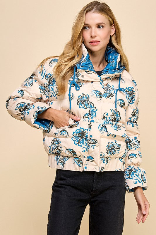 Floral Print Puffer Hooded Jacket-Puffer Jacket-TCEC-S-TAUPE-Urbanheer