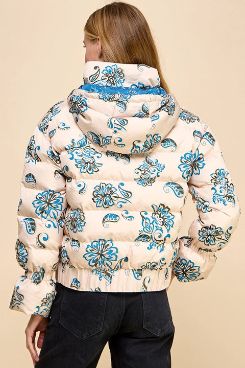 Floral Print Puffer Hooded Jacket-Puffer Jacket-TCEC-S-TAUPE-Urbanheer