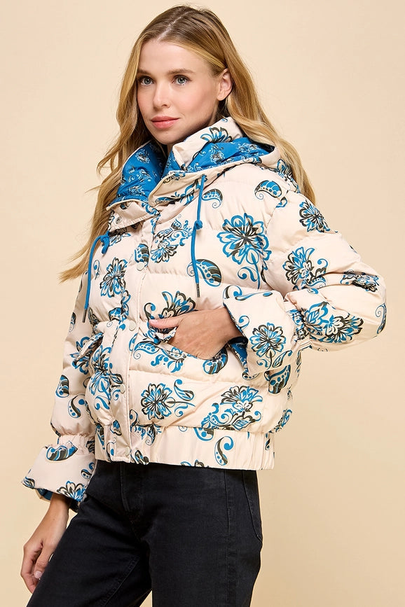 Floral Print Puffer Hooded Jacket-Puffer Jacket-TCEC-S-TAUPE-Urbanheer