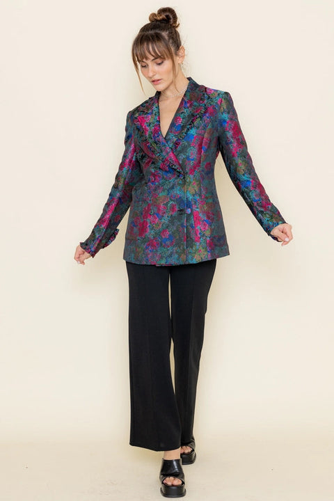Floral Print Ruffle Collar Hem Long Sleeve BLAZER-Blazer-Fore Collection-S-OLIVE MULTI-Urbanheer