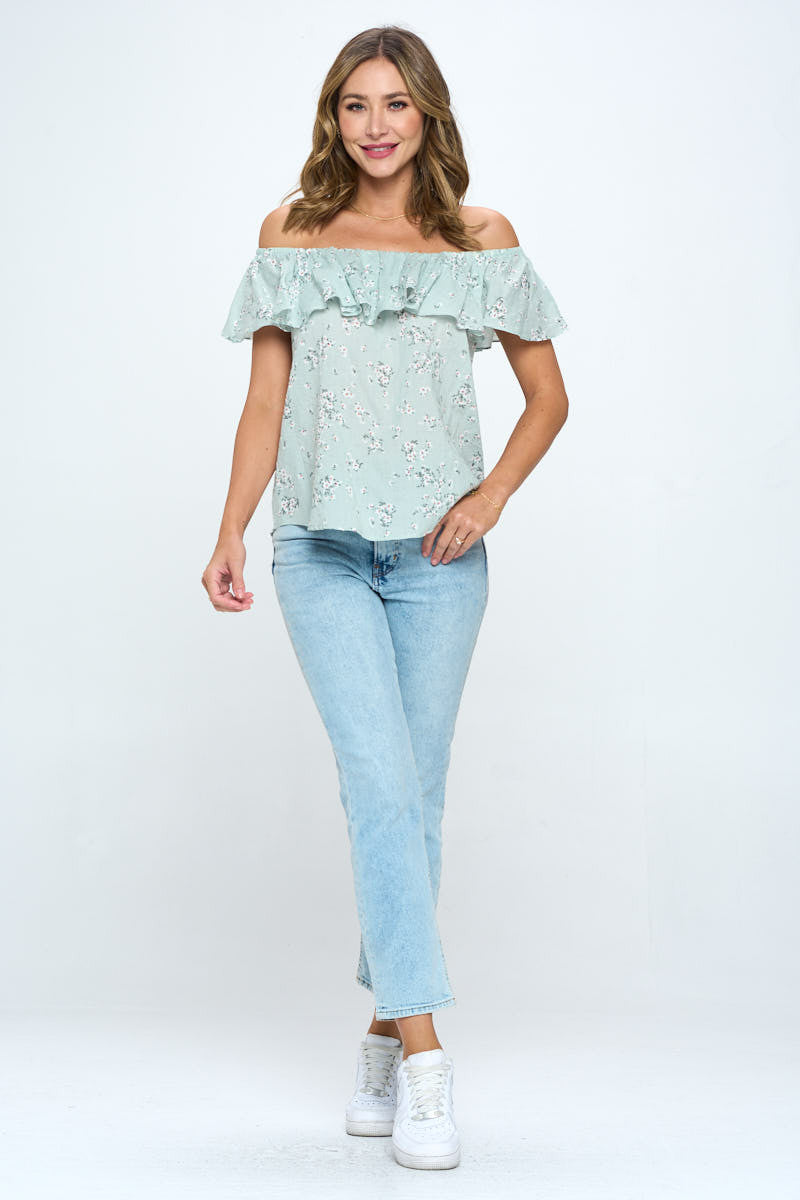 Floral Print Ruffle Off the Shoulder Top-Tops-Reneecollection-Urbanheer