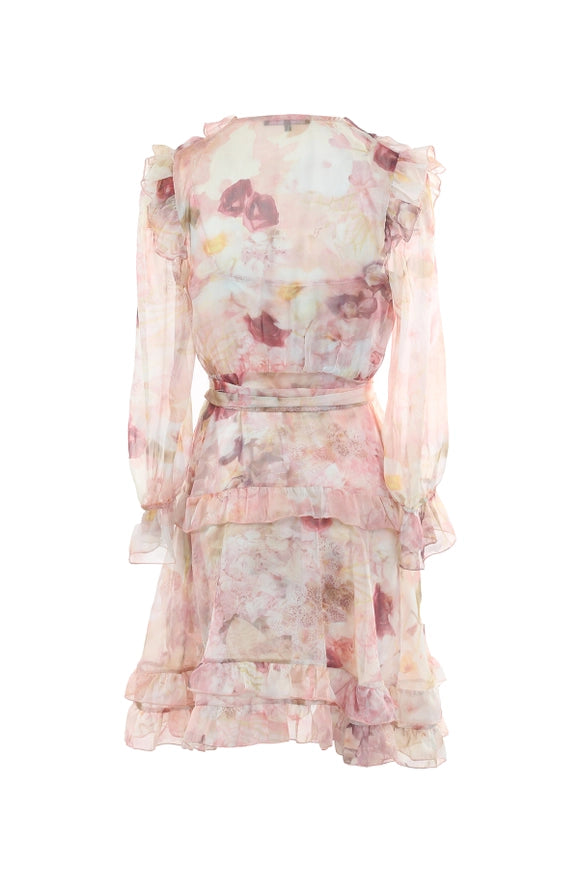 Floral Print Ruffled High Low Sheer Midi Dress-Dress-Beulah Style-S-Pink-Urbanheer