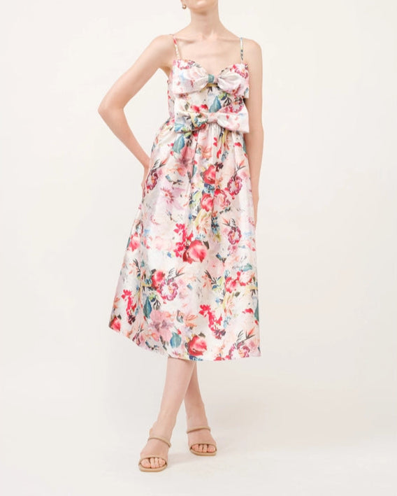 Floral Print Satin Bow Detail Midi Dress-Dress-INA-S-CORAL/RED-Urbanheer