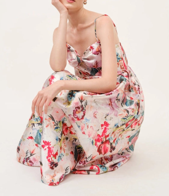 Floral Print Satin Bow Detail Midi Dress-Dress-INA-S-CORAL/RED-Urbanheer