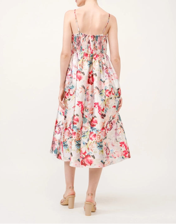 Floral Print Satin Bow Detail Midi Dress-Dress-INA-S-CORAL/RED-Urbanheer