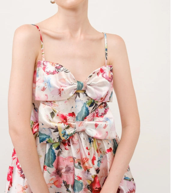 Floral Print Satin Bow Detail Midi Dress-Dress-INA-S-CORAL/RED-Urbanheer