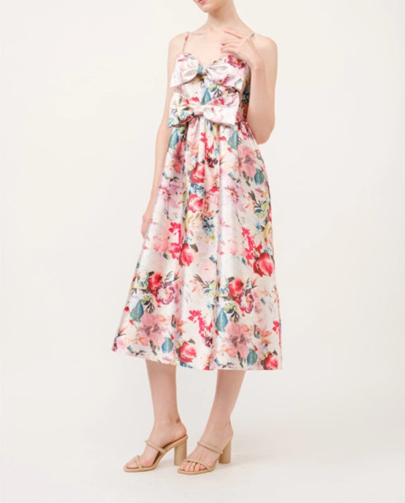Floral Print Satin Bow Detail Midi Dress-Dress-INA-S-CORAL/RED-Urbanheer
