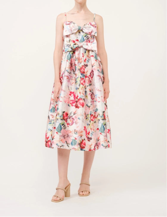 Floral Print Satin Bow Detail Midi Dress-Dress-INA-S-CORAL/RED-Urbanheer