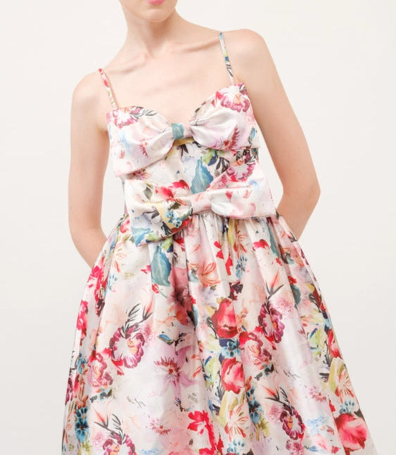 Floral Print Satin Bow Detail Midi Dress-Dress-INA-S-CORAL/RED-Urbanheer