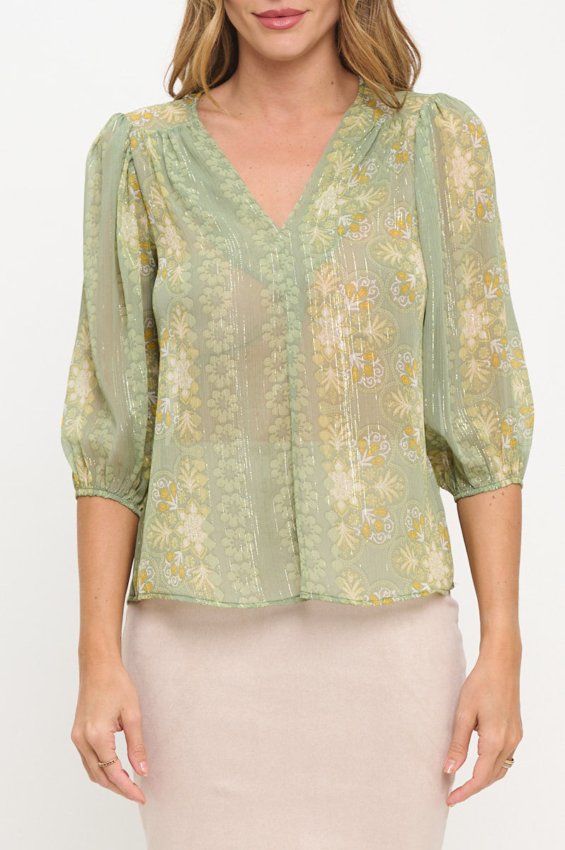 Floral Print Semi Sheer V neck Top-New Arrival-Reneecollection-Small-SAGE-Urbanheer
