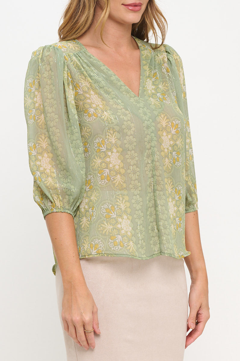 Floral Print Semi Sheer V neck Top-New Arrival-Reneecollection-Small-SAGE-Urbanheer