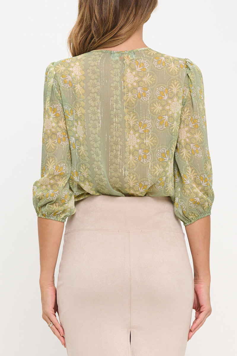 Floral Print Semi Sheer V neck Top-New Arrival-Reneecollection-Small-SAGE-Urbanheer