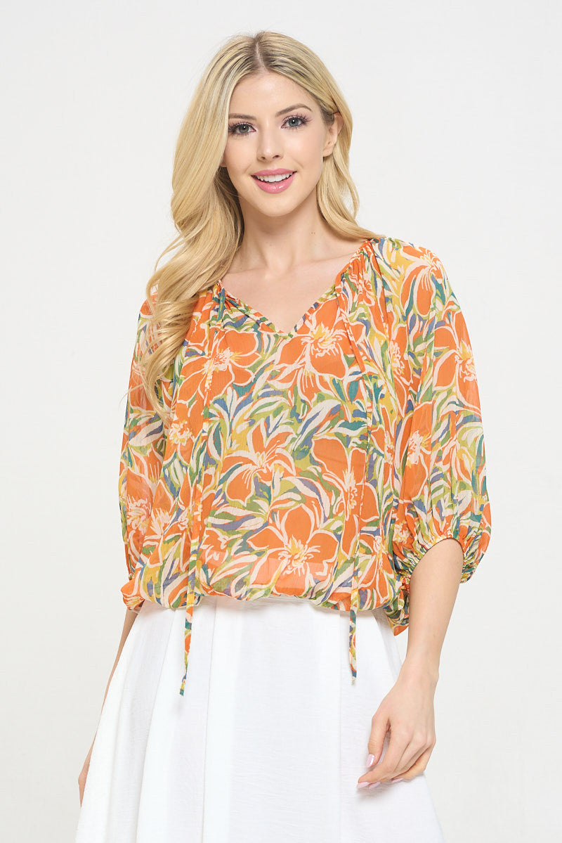 Floral Print Sheer V neck Top with Tie-New Arrival-Reneecollection-Small-ORANGE-Urbanheer