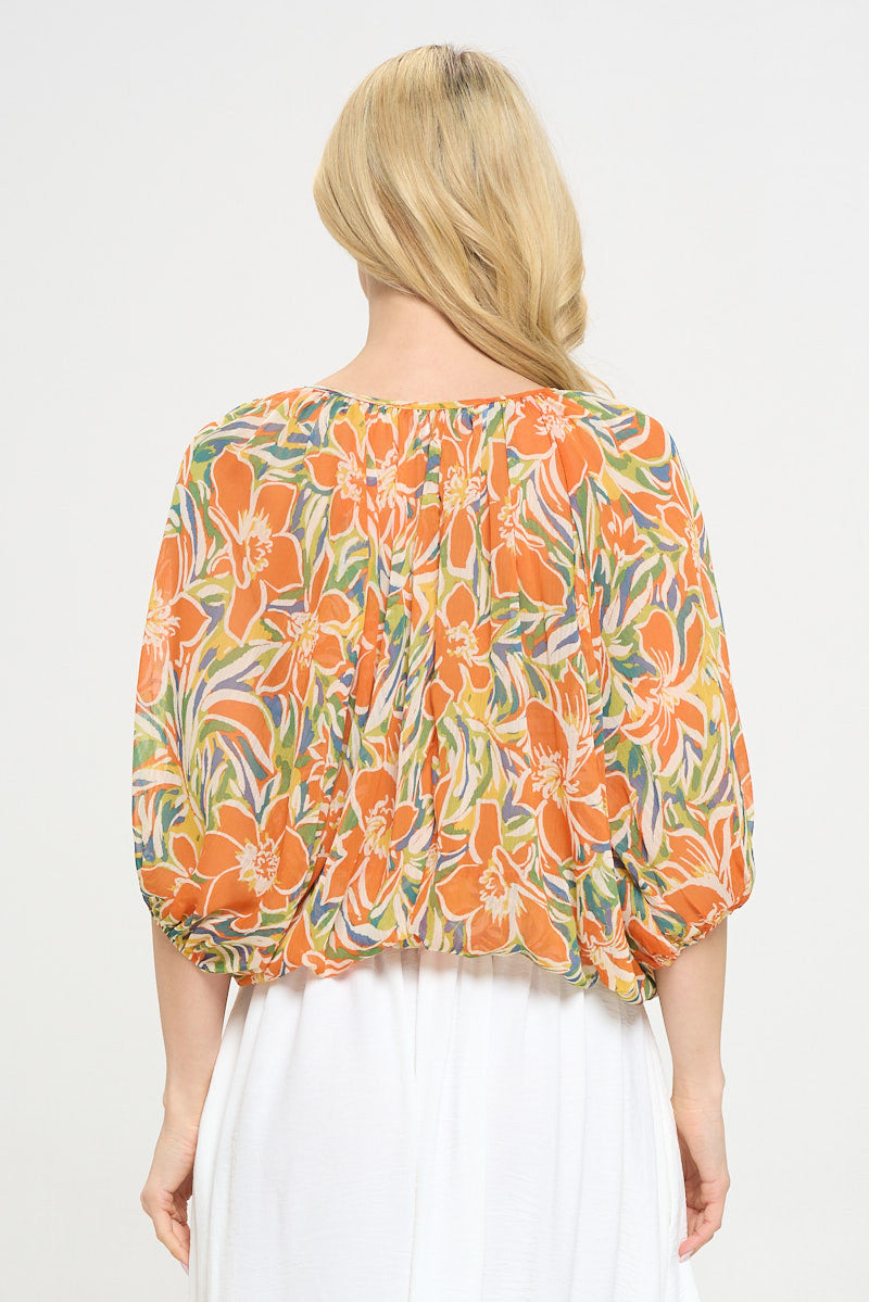 Floral Print Sheer V neck Top with Tie-New Arrival-Reneecollection-Small-ORANGE-Urbanheer