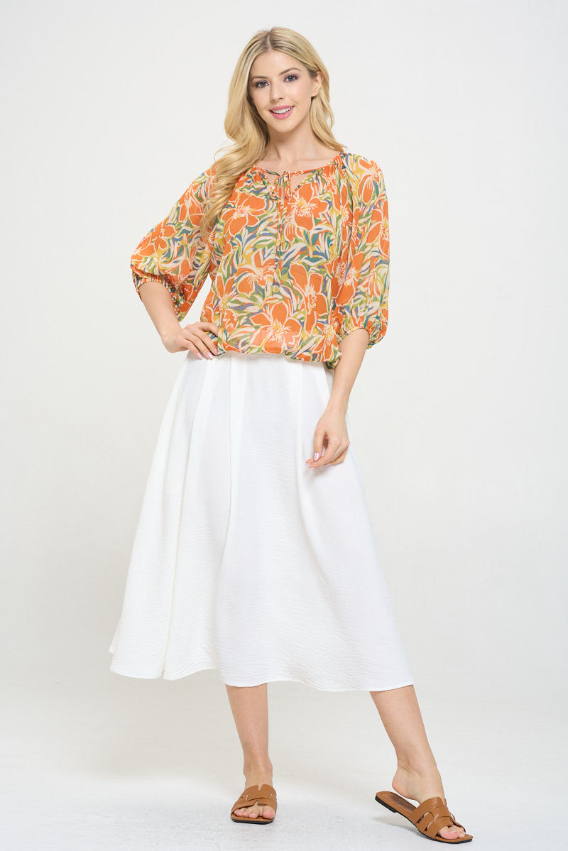 Floral Print Sheer V neck Top with Tie-New Arrival-Reneecollection-Small-ORANGE-Urbanheer