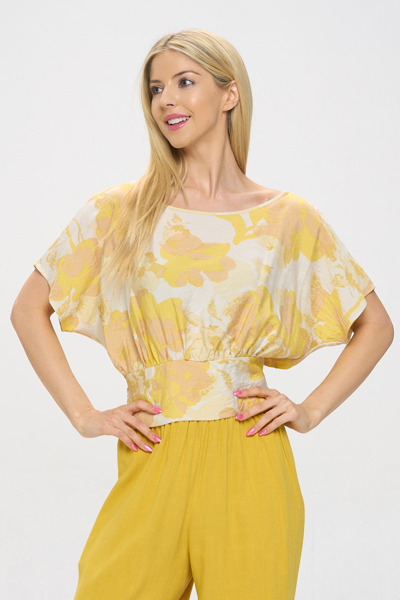 Floral Print Short Sleeve Top with Smock Hem-New Arrival-Reneecollection-Small-TAUPE/YELLOW-Urbanheer