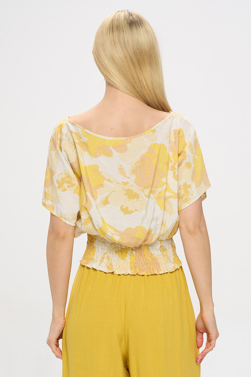 Floral Print Short Sleeve Top with Smock Hem-New Arrival-Reneecollection-Small-TAUPE/YELLOW-Urbanheer