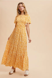 Floral Print Smocked Tiered Maxi Dress-Dress-In Loom-S-MARIGOLD-Urbanheer