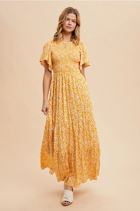 Floral Print Smocked Tiered Maxi Dress-Dress-In Loom-S-MARIGOLD-Urbanheer
