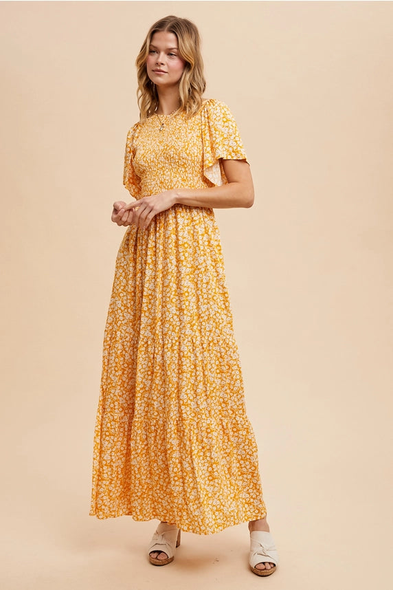 Floral Print Smocked Tiered Maxi Dress-Dress-In Loom-S-MARIGOLD-Urbanheer