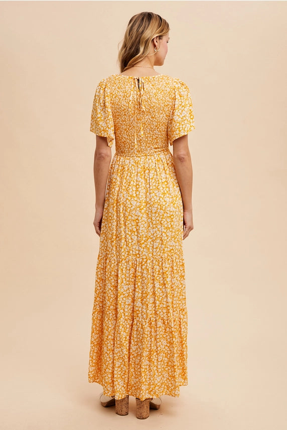 Floral Print Smocked Tiered Maxi Dress-Dress-In Loom-S-MARIGOLD-Urbanheer