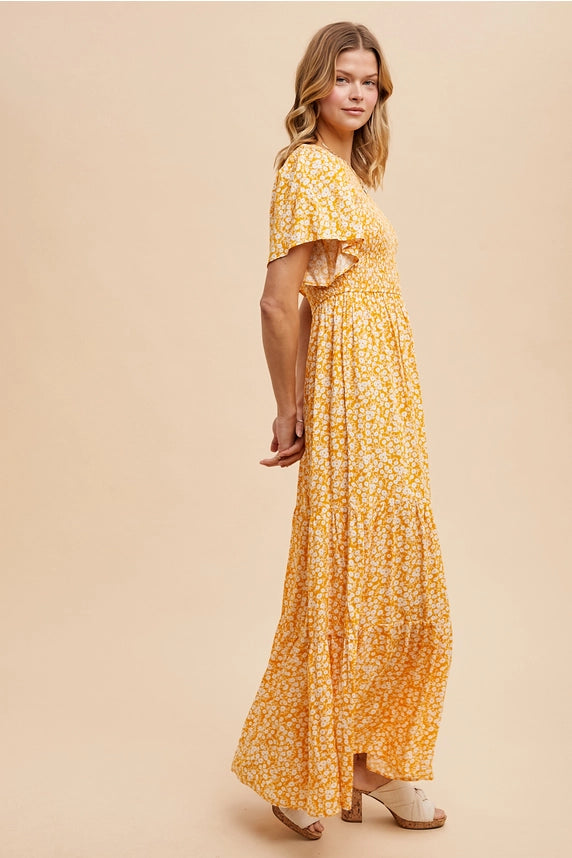 Floral Print Smocked Tiered Maxi Dress-Dress-In Loom-S-MARIGOLD-Urbanheer