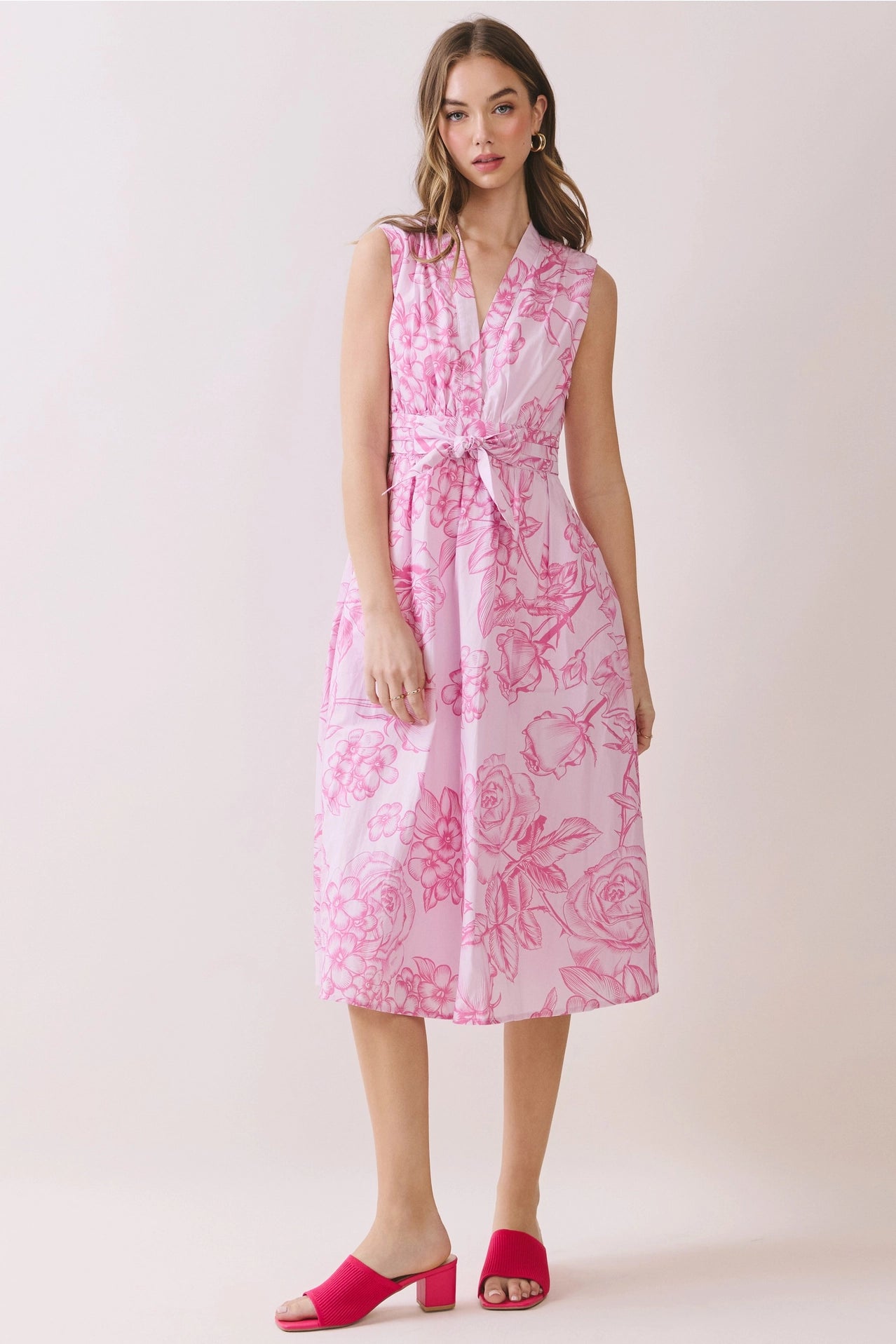 Floral Print Tie Waist Fit & Flare Midi Dress Blue