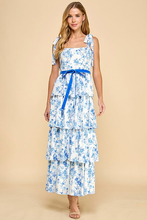 Floral Print Tiered Adjustable Straps Midi Dress-Dress-TCEC-S-Blue-Urbanheer