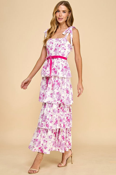 Floral Print Tiered Adjustable Straps Midi Dress-Dress-TCEC-S-Blue-Urbanheer
