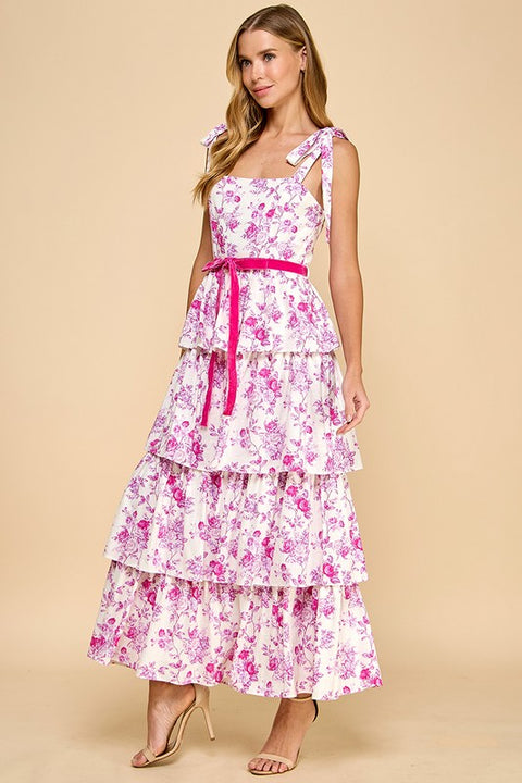 Floral Print Tiered Adjustable Straps Midi Dress-Dress-TCEC-S-Blue-Urbanheer