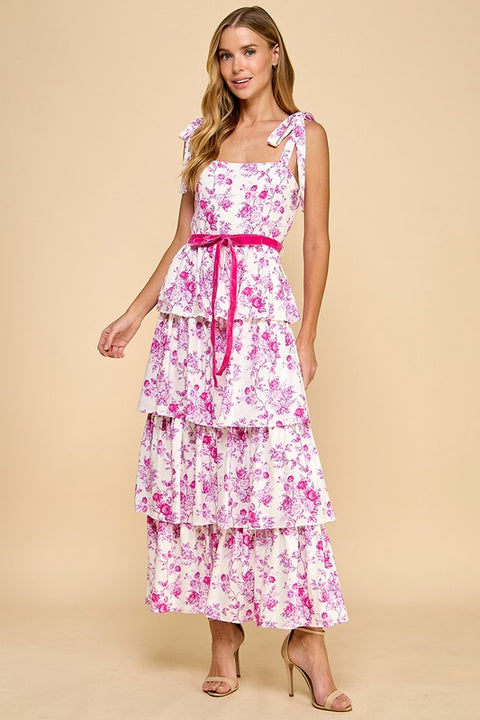 Floral Print Tiered Adjustable Straps Midi Dress-Dress-TCEC-S-Blue-Urbanheer