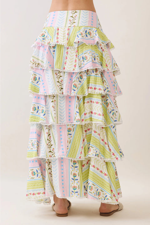 Floral Print Tiered Ruffle Maxi Skirt
