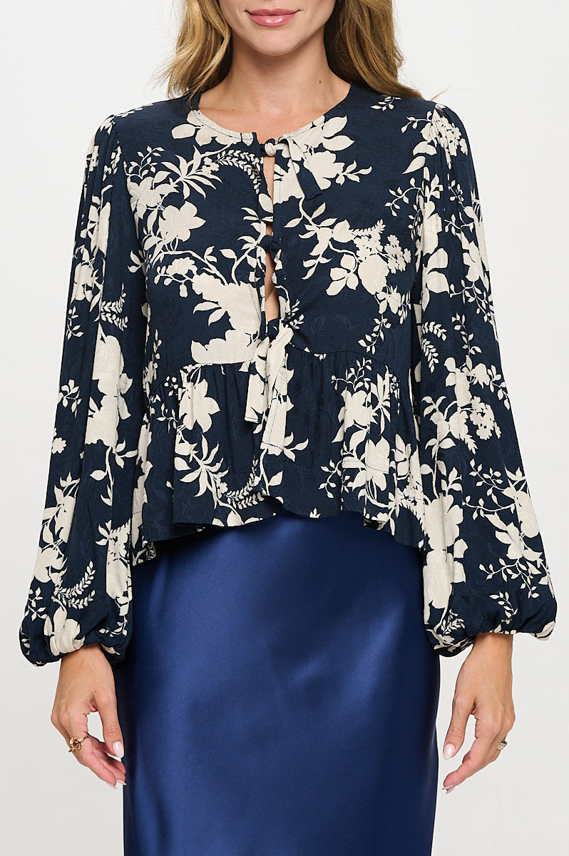 Floral Print Top with Front Tie Detail-New Arrival-Reneecollection-Small-NAVY-Urbanheer