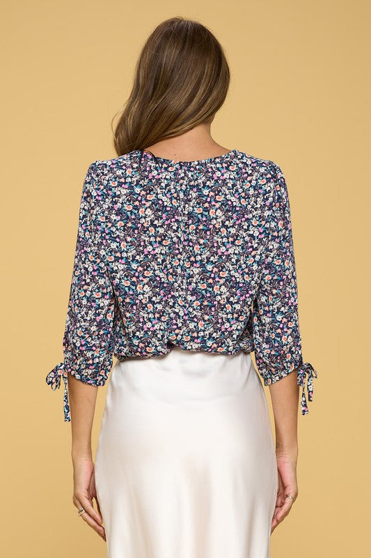 Floral Print Top with Self Tie Sleeves-Tops-Reneecollection-Urbanheer